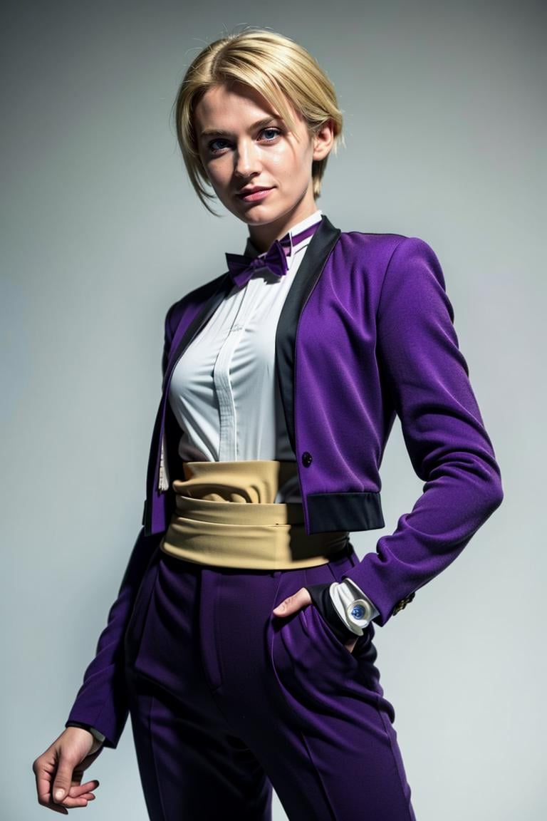 (masterpiece,  best quality:1.2),  KingKOF,  1girl,  blonde,  bowtie,  waitress clothes,  short hair,  purple blazer,  dress shirt,  golden belt,  purple pants,  jumping,  smirk,  gloves,  , cowboy shot,  ,  masterpiece,  highness,  perfect face,  perfect picture,  detailed eyes,  sharp focus, High detailed view, Apple_butt,<lora:EMS-94932-EMS:1.000000>