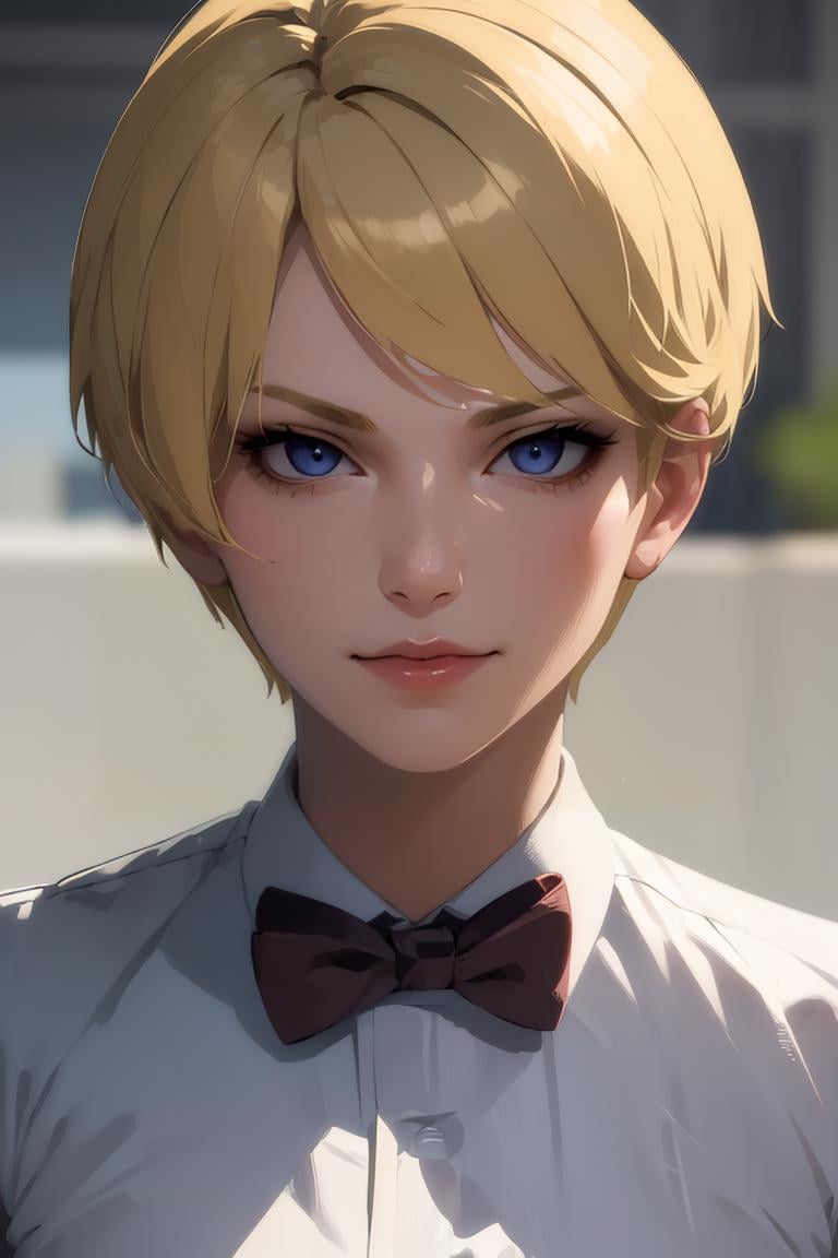 (masterpiece,  best quality:1.2),  KingKOF,  1girl,  bowtie,  blonde woman,  short hair,  bowtie,  bikini,  at the pool,  lying on pool,  masterpiece,  perfect face,  perfect picture,  detailed eyes,  sharp focus,<lora:EMS-94932-EMS:1.000000>