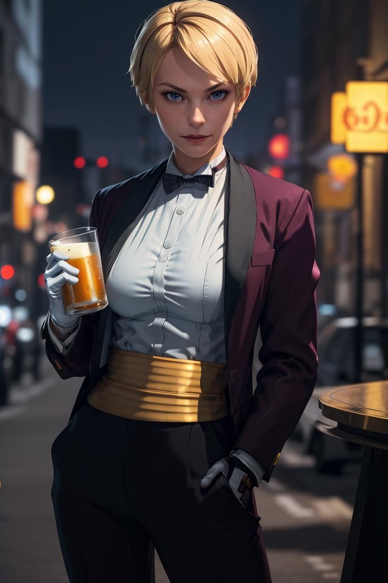 (masterpiece,  best quality:1.2),  KingKOF,  1girl,  bowtie,  blonde woman,  short hair,  waitress,  dark suit,  dress shirt,  golden belt,  dark pants,  gloves,  city at night,  holding beer bottle,  masterpiece,  perfect face,  perfect picture,  detailed eyes,  sharp focus, view from high, Blender,<lora:EMS-94932-EMS:1.000000>