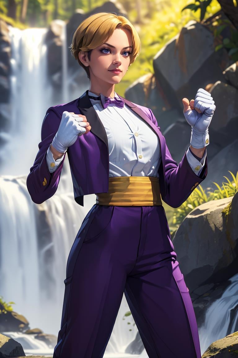 (masterpiece,  best quality:1.2),  KingKOF,  1girl,  bowtie,  short hair,  waitress,  purple suit,  dress shirt,  golden belt,  pants, shoes,  gloves,  fighting pose,  fighting stance,  at the waterfall,  , masterpiece,  highness,  perfect face,  perfect picture,  detailed eyes,  sharp focus,<lora:EMS-94932-EMS:1.000000>