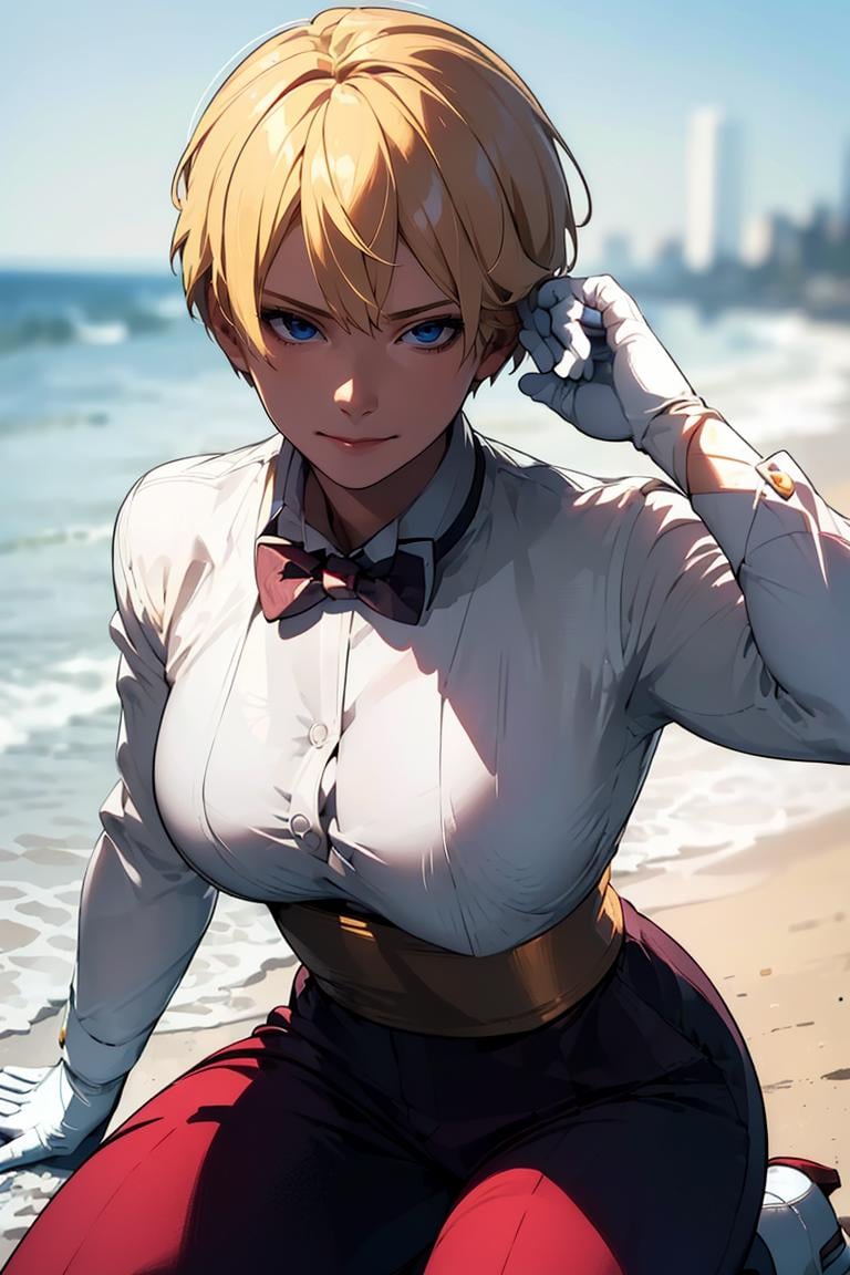 (masterpiece,  best quality:1.2),  KingKOF,  1girl,  bowtie,  blonde woman,  short hair,  waitress clothes,  dark blszer,  dress shirt,  golden belt,  dark pants,  gloves,  kneeling at the beach,  masterpiece,  perfect face,  perfect picture,  detailed eyes,  sharp focus,<lora:EMS-94932-EMS:1.000000>