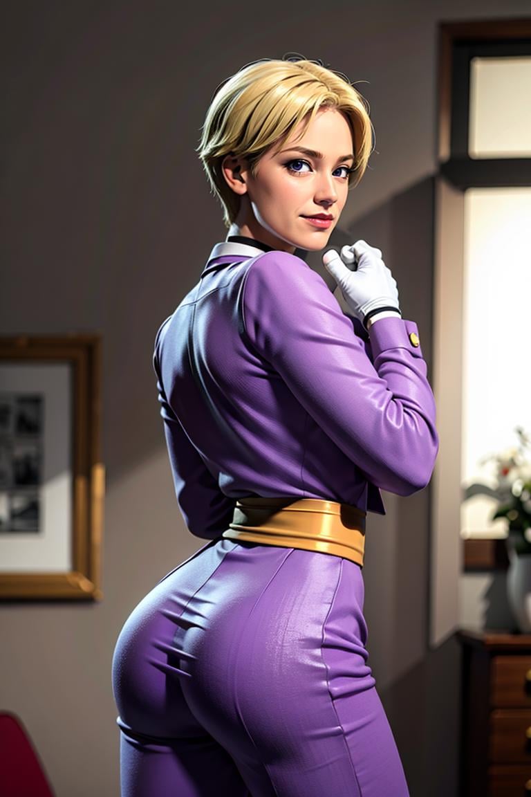 (masterpiece,  best quality:1.2),  KingKOF,  1girl,  blonde,  bowtie,  waitress clothes,  short hair,  purple blazer,  dress shirt,  golden belt,  purple pants,  view from behind,  looking over shoulder,  smirk,  gloves,  , cowboy shot,  at the pub,  masterpiece,  highness,  perfect face,  perfect picture,  detailed eyes,  sharp focus, High detailed view, Apple_butt,<lora:EMS-94932-EMS:1.000000>,<lora:EMS-8037-EMS:0.600000>