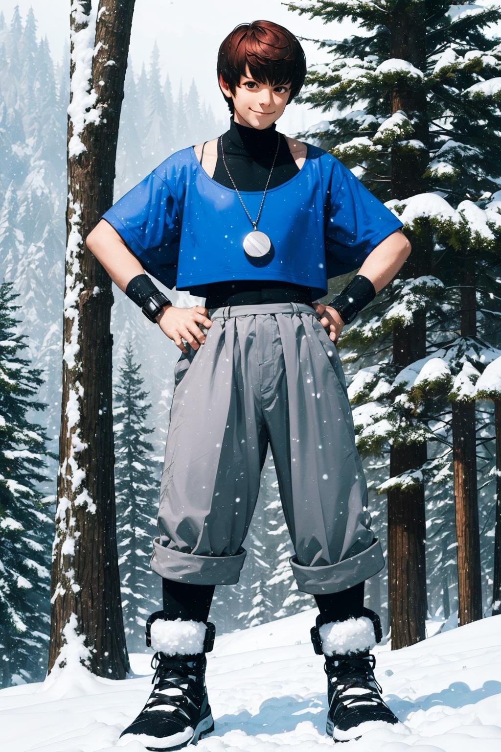(masterpiece,  best quality:1.2),  solo,  ChrisKOF,  1boy,  blue croptop,  medallion, ,  bracelets,  full body,  teenager,  black turtleneck shirt,  ((medium shot)),  hands on hips,  at the mountain,  pine tree,  snow,  smirk:1.4,  masterpiece,  perfect face,  perfect picture,  detailed eyes,  sharp focus, High detailed view, High detailed,<lora:EMS-88453-EMS:1.000000>