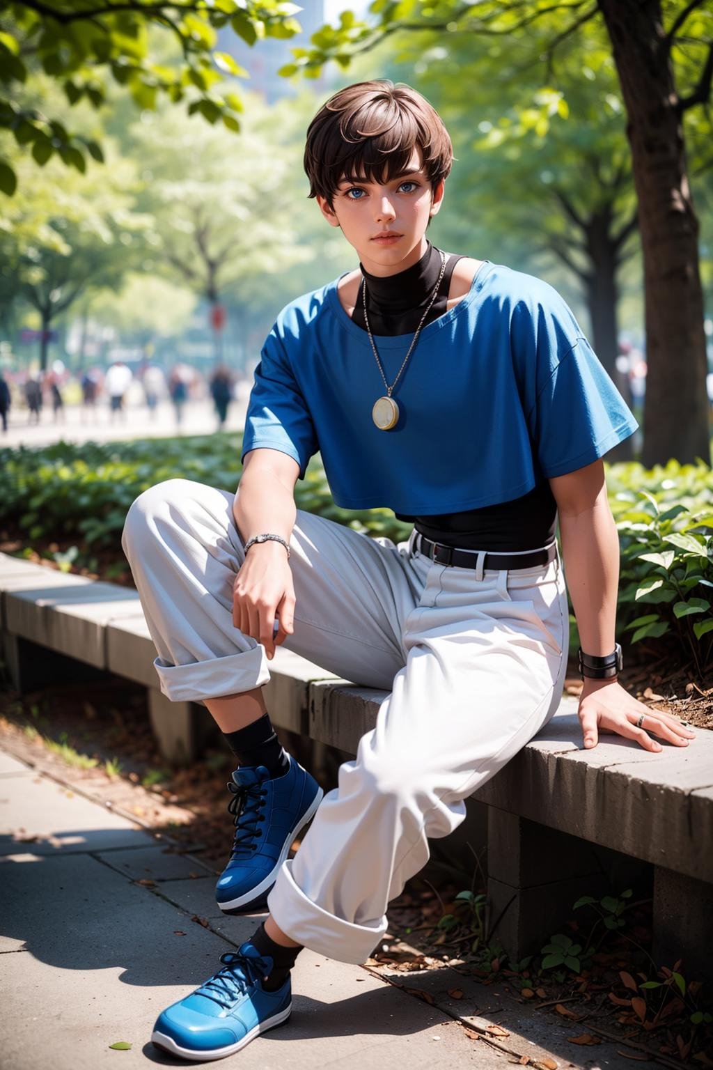 (masterpiece,  best quality:1.2),  solo,  ChrisKOF,  1boy,  blue croptop,  medallion,  white pants,  socks,  boots,  bracelets,  full body,  teenager,  black turtleneck shirt sitting,  at the central park,  masterpiece,  perfect face,  perfect picture,  detailed eyes,  sharp focus, High detailed view, High detailed,<lora:EMS-88453-EMS:0.800000>