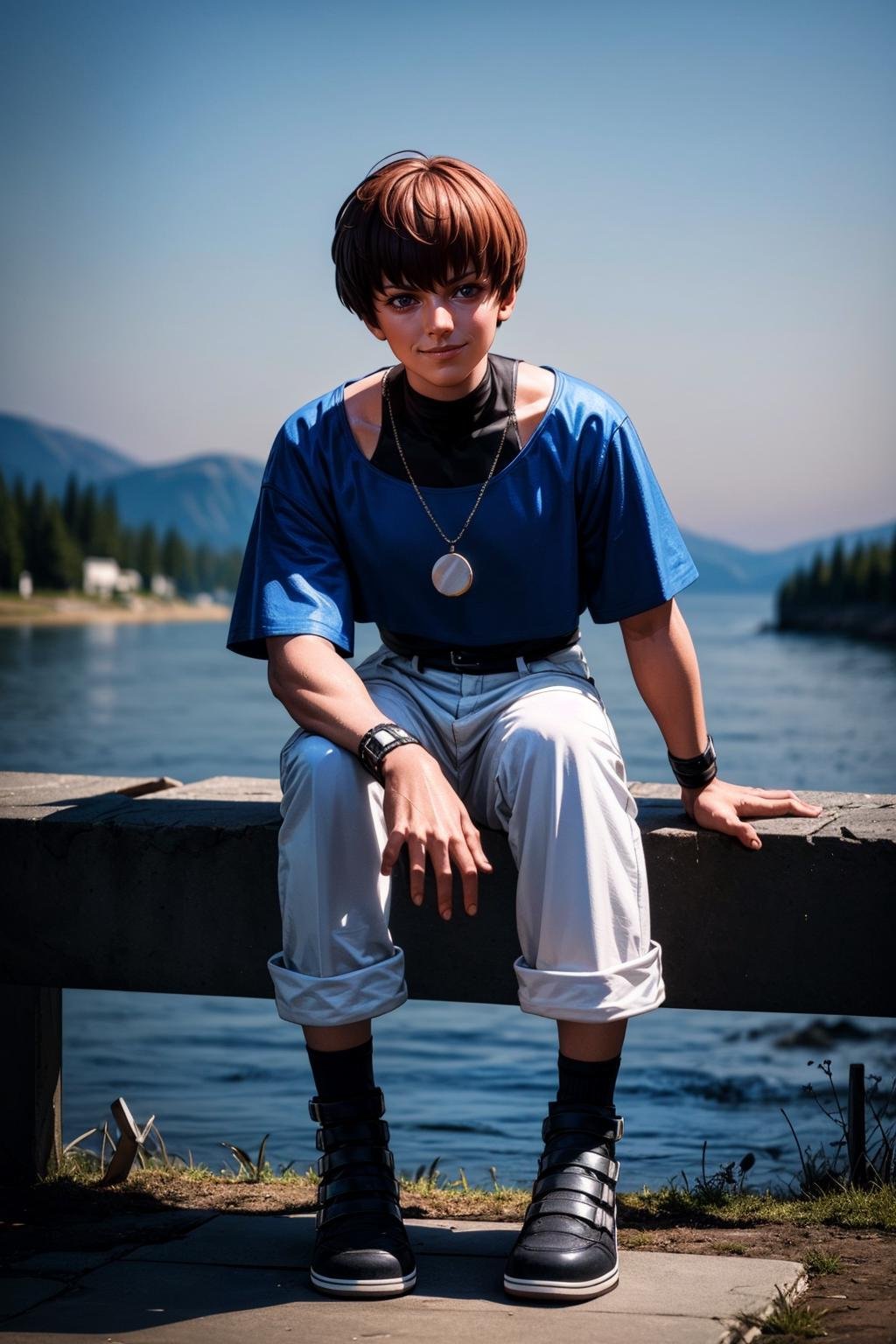 (masterpiece,  best quality:1.2),  solo,  man,  ,  ChrisKOF,  1boy,  blue croptop,  medallion,  white pants,  socks,  boots,  bracelets,  full body,  teenager,  black turtleneck shirt,  at the lake,  sitting,  smirk,  masterpiece,  perfect face,  perfect picture,  detailed eyes,  sharp focus, High detailed view, , High detailed , best quality,<lora:EMS-88453-EMS:1.000000>
