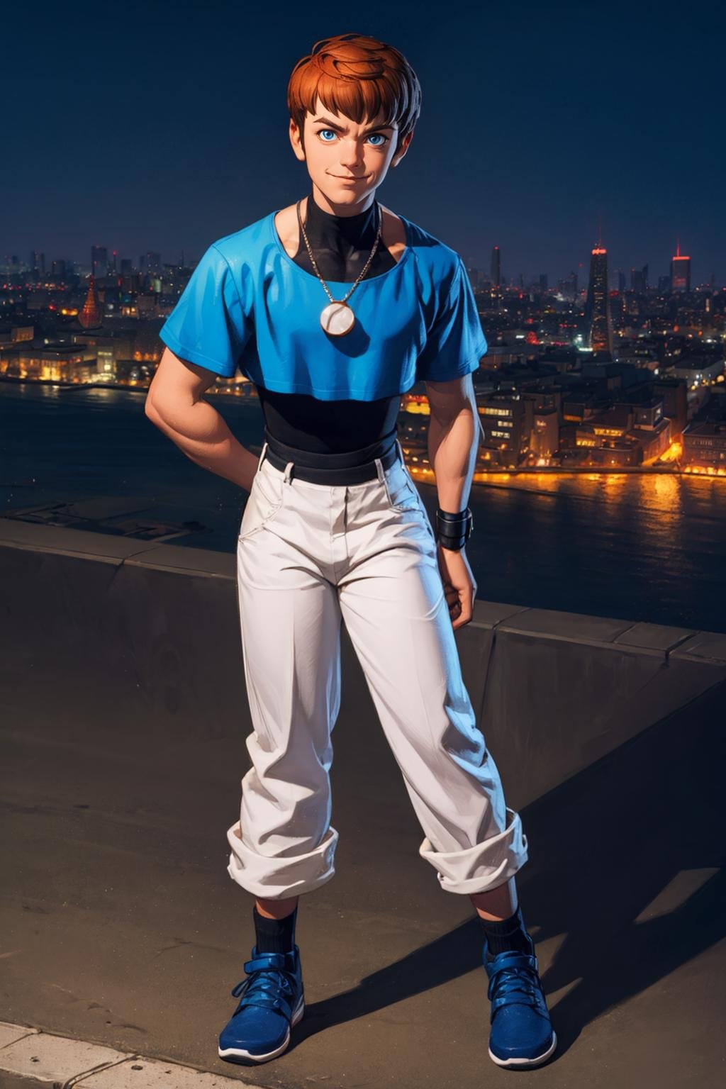 (masterpiece,  best quality:1.2),  solo,  man,  ChrisKOF,  1boy,  blue croptop,  medallion,  white pants,  socks,  boots,  bracelets,  full body,  teenager,  black turtleneck shirt, city at night,  crossed arma,  ,  smirk,  masterpiece,  perfect face,  perfect picture,  detailed eyes,  sharp focus, High detailed view, High detailed , best quality,<lora:EMS-88453-EMS:1.000000>