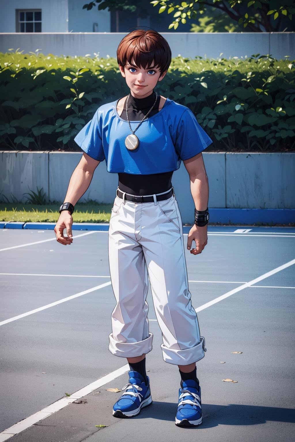 (masterpiece,  best quality:1.2),  solo,  ChrisKOF,  1boy,  blue croptop,  medallion,  white pants,  socks,  boots,  bracelets,  full body,  teenager,  black turtleneck shirt,  at the basket court,  outdoors,  street,  hoods,  smirk,  masterpiece,  perfect face,  perfect picture,  detailed eyes,  sharp focus, High detailed view, , High detailed , best quality,<lora:EMS-88453-EMS:1.000000>