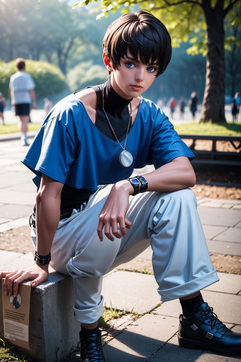 (masterpiece,  best quality:1.2),  solo,  ChrisKOF,  1boy,  ((blue croptop)),  medallion,  white pants,  socks,  boots,  bracelets,  full body,  teenager,  black turtleneck shirt sitting,  at the central park,  masterpiece,  perfect face,  perfect picture,  detailed eyes,  sharp focus, High detailed view, High detailed,<lora:EMS-88453-EMS:1.000000>