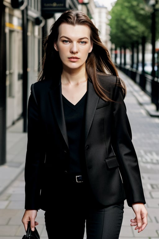 wo_millajov01, beautiful face, long hair, wearing a black suit jacket, streets of london, empty streets