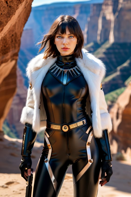 wo_millajov01, a female warrior, in front of a canyon, wearing a black panther outfit and white fur jacket, 8k, masterpiece, high_res, global illumination, low key lighting, shot on Lumix GH5