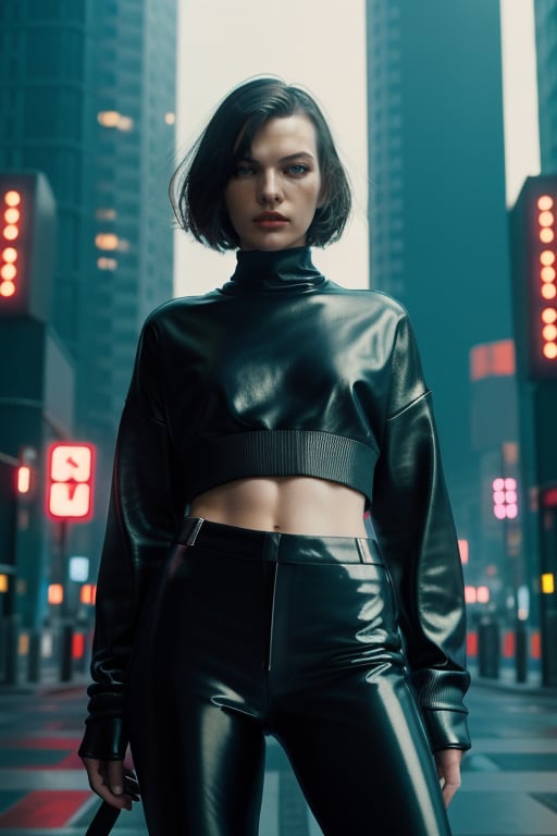 photo of wo_millajov01, wearing a oversized sweater and tight leather pants, cyberpunk futuristic city at the background, upper body, detailed skin, 20 megapixel, canon eos r3, detailed skin, detailed, detailed face