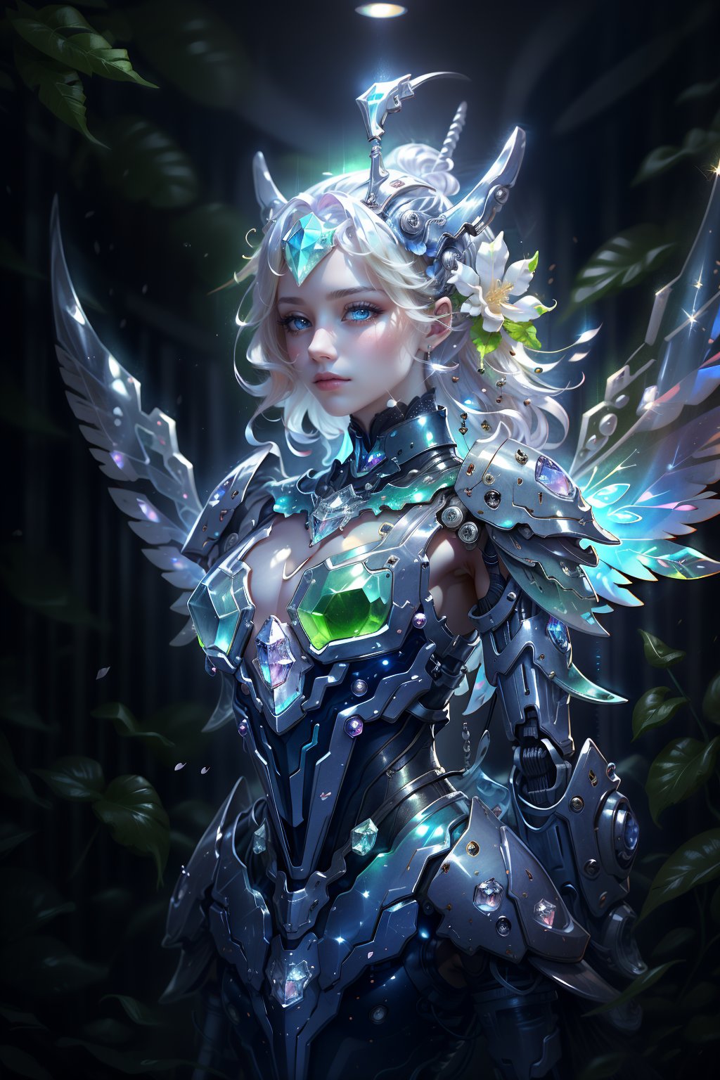 realistic, extra detailed, extra detailed anatomy, extra detailed face, detailed eyes, 1 girl, exoskeleton, victorian maid, bug girl, mantis leaf arms, petal shaped hair, iridescent hair, sparkly hair, crystal hair, flower shiny glass on the bottom, shiny crystal patterns on the skin, insect wings, crystal wings, melancholic look,cyberpunk robot,mecha musume,no_humans,halo