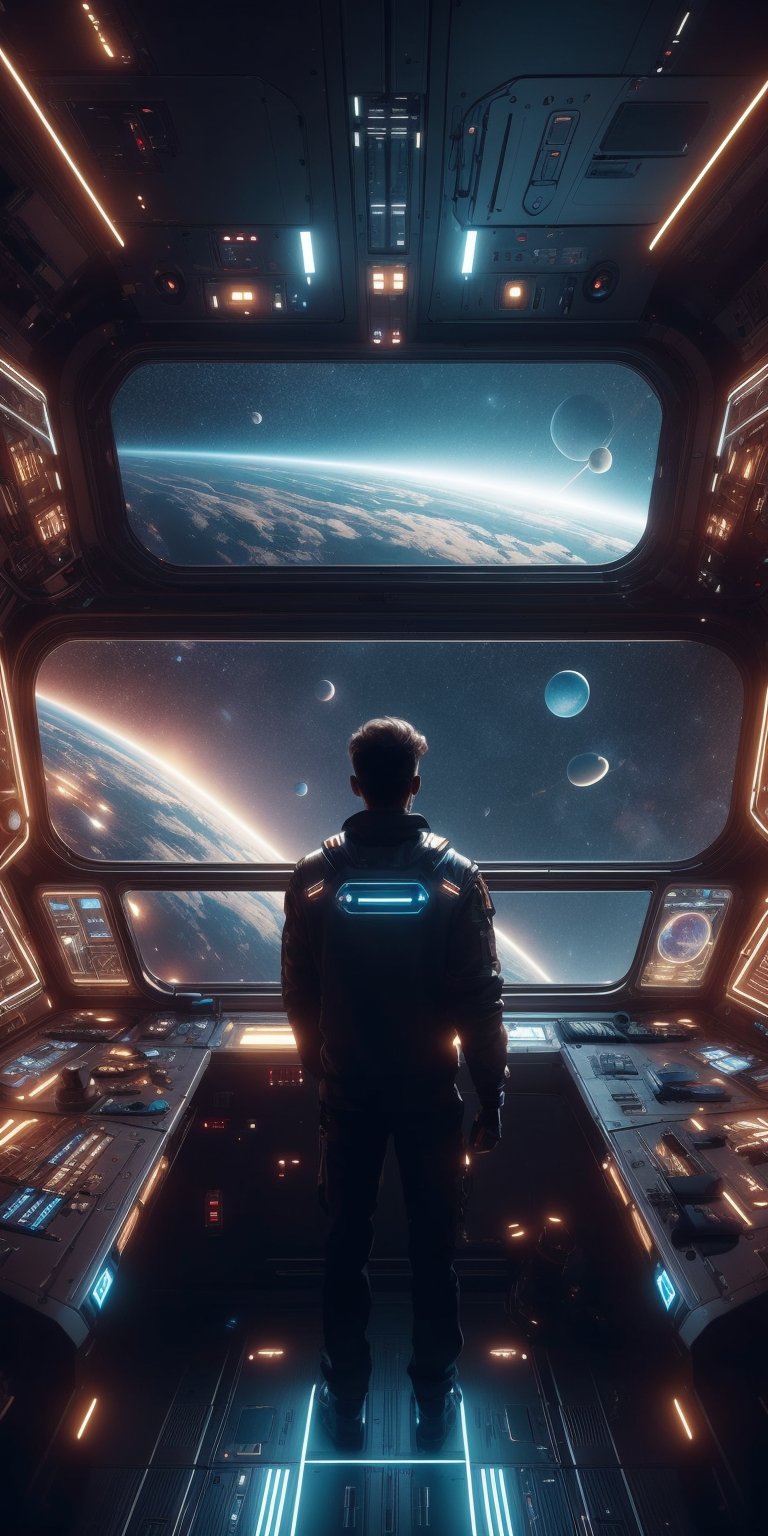 1male, photorealistic,Futuristic room,science fiction, looking through the Window, neon lights, screens,inside a spaceship, space outside, planets,