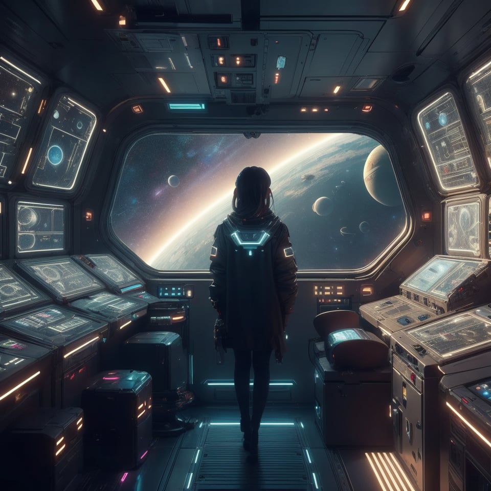 1girl, photorealistic,Futuristic room,science fiction, looking through the Window, neon lights, screens,inside a spaceship, space outside, planets,