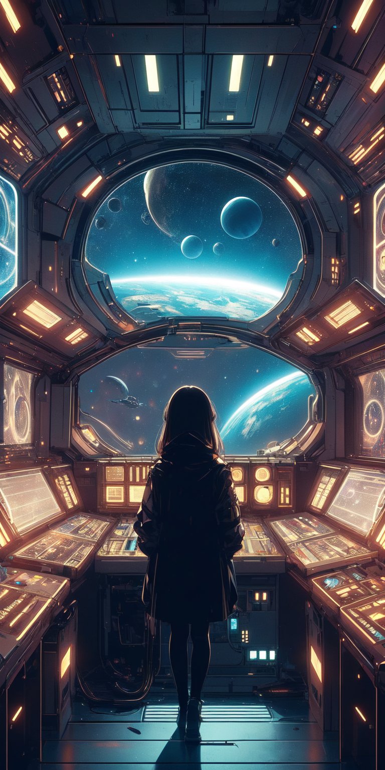 1girl,Futuristic room,science fiction, looking through the Window, neon lights, screens,inside a spaceship, space outside, planets,