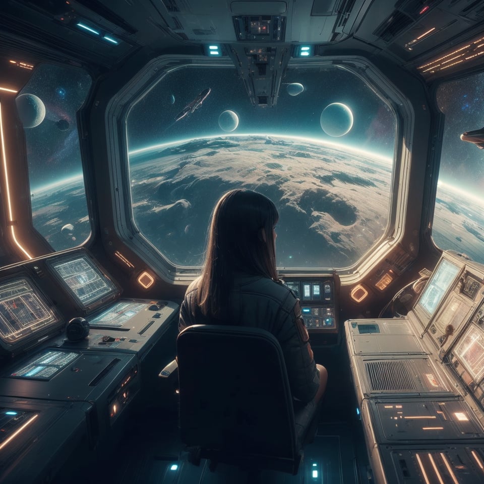 1girl, photorealistic,Futuristic room,science fiction, looking through the Window, neon lights, screens,inside a spaceship, space outside, planets,