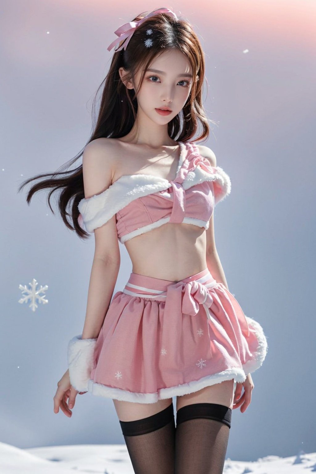  DSLR ,(masterpiece), (top quality, best quality, official art, beauty and aesthetics:1.2),Hazy, dreamy atmosphere,Ray tracing, Gaussian blur,Halos, particle effects,cg photos,1girl,(slender legs:1.3),long legs,long hair,Chest fluffy decoration, pink fluffy,(pink fluff:1.25), (pink skirt:1.25),(pink miniskirt:1.25),(black pantyhose:1.3),(pink ribbon:1.15),(solo:1.2),mature_female,(bare_shoulder:1.35),(bare_navel:1.35),(bare_waist:1.5),closed_mouth,smooth skin,(tight:1.2),(Short neck1.15),,Smooth skin, fair skin,tender skin,sexy girl,Royal Sister,RoyalSister face,looking_at_viewer,deep pink background, Snow background,falling_snow,(falling snowflakes:1.5),ice crystal,transparent,from_side,jinchen