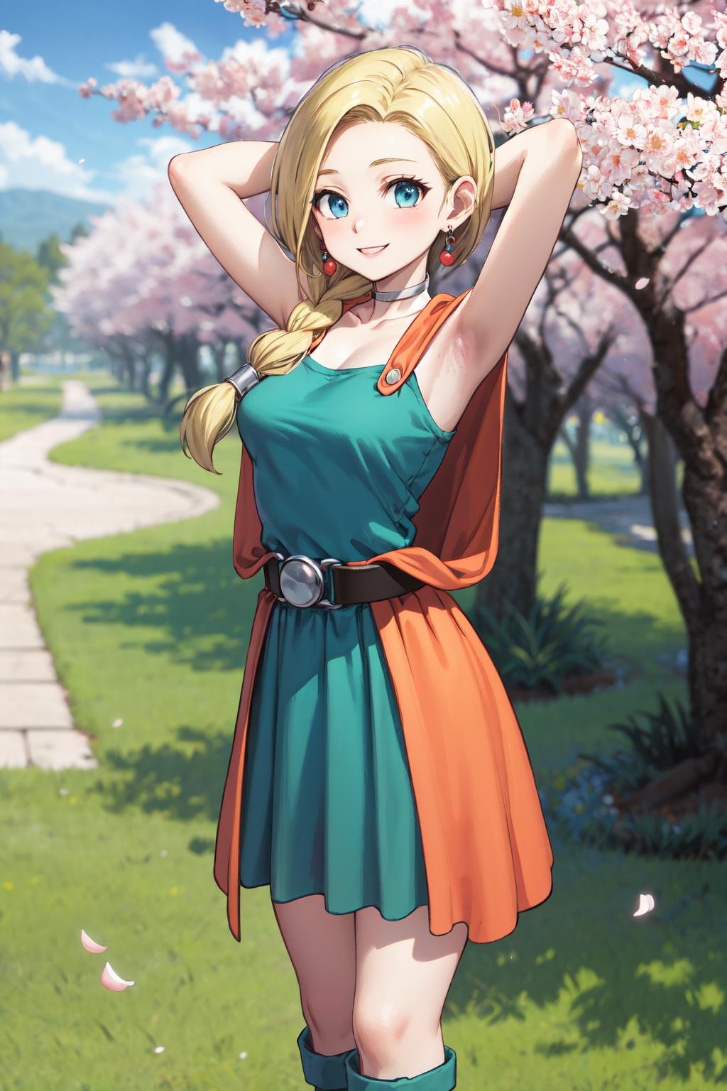 masterpiece,best quality,highres,ultra-detailed,bianca \(dq5\),blue eyes,long hair,single braid,earrings,choker,orange cape,green dress,bracelet,belt,boots,<lora:bianca:0.7>,,outdoors,cherry blossoms,standing,smile,cowboy shot,arm_behind_head,armpits,