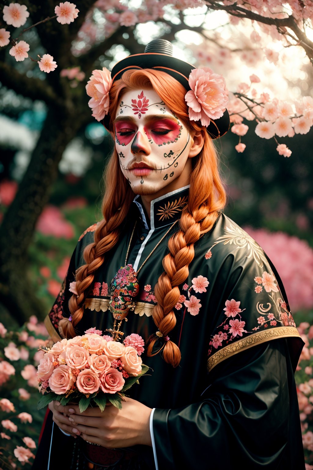 <lora:Katrina Makeup ReTRaiNeD_v2:1> Strawberry Blonde hair male in ktrmkp  face paint, Ethereal Cherry Blossom Waterfalls, Canted or Dutch Angle Shot