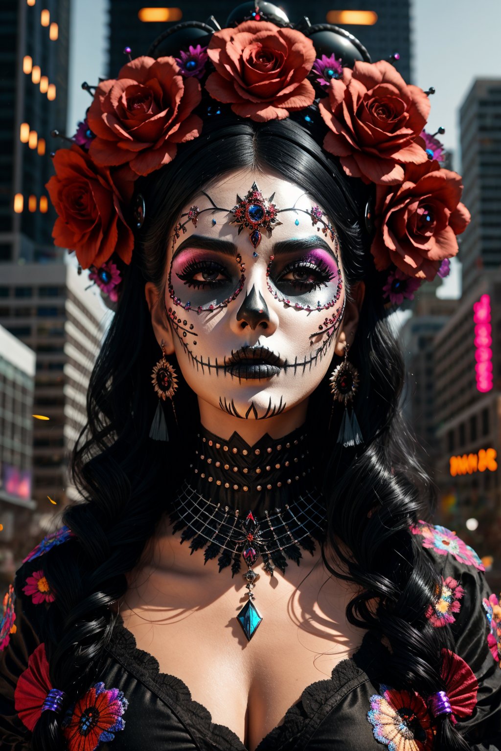 <lora:Katrina Makeup ReTRaiNeD_v2:1> Black hair female in ktrmkp  face paint, Futuristic Cyberpunk Cityscapes, 360-Degree Virtual Reality Perspective