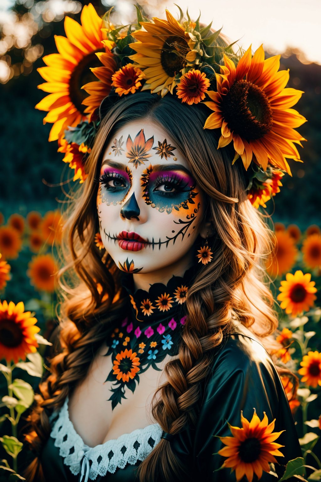 <lora:Katrina Makeup ReTRaiNeD_v2:1> Light Chestnut hair female in ktrmkp  face paint, Sunflower Labyrinths, Handheld Shaky Cam for Intensity