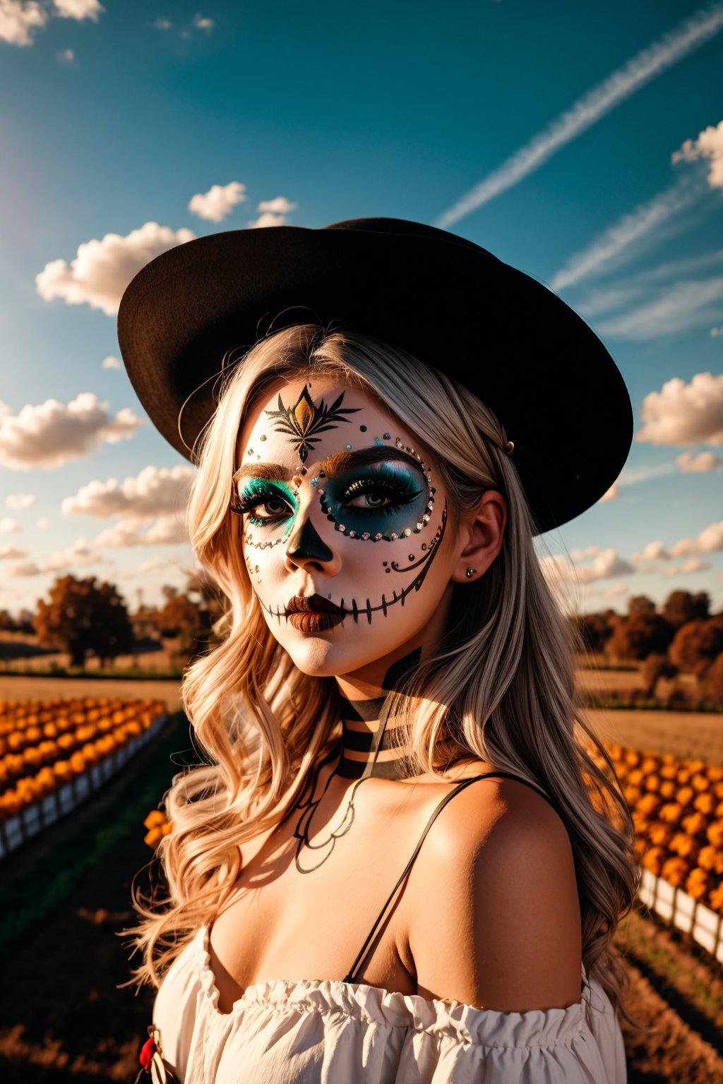 <lora:Katrina Makeup ReTRaiNeD_v2:1> Ash Blonde hair girl in ktrmkp  face paint, Countryside Farms, Crane Shot Over Urban Rooftops