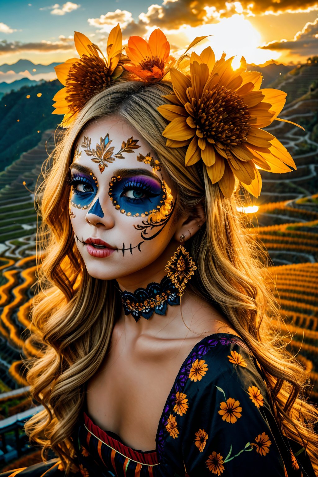 <lora:Katrina Makeup ReTRaiNeD_v2:1> Honey Blonde hair girl in ktrmkp  face paint, Sunset over Rice Terraces, Over-the-Shoulder Perspective