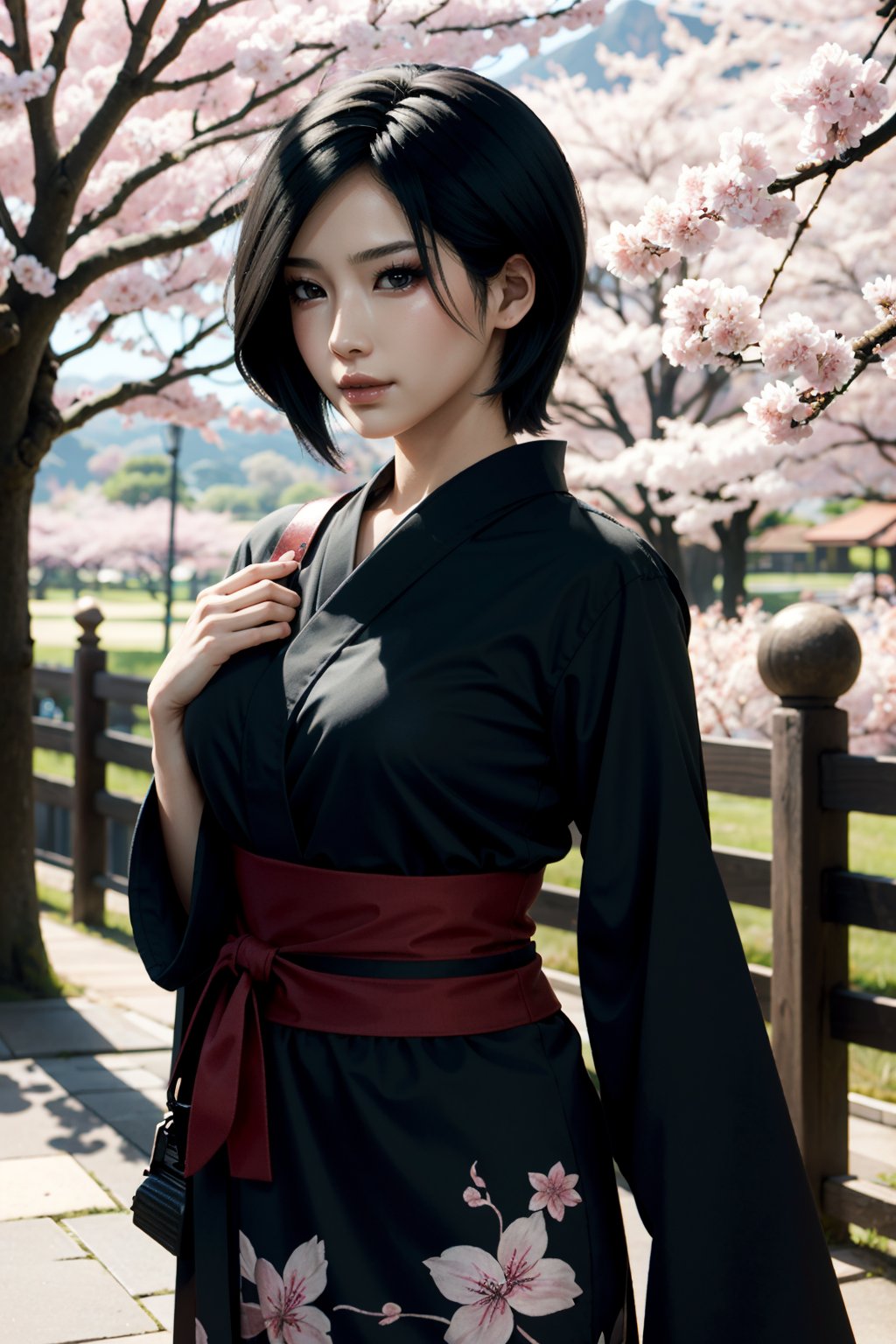 ((ultra detailed, masterpiece, best quality))
RE4Ada, 1girl, solo, short hair, brown eyes, yukata, japan, cherry blossoms, hair ornament
