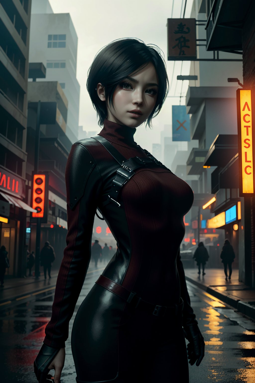 ((ultra detailed, masterpiece, best quality))
RE4Ada, 1girl, solo, short hair, brown eyes, beneath the neon lights of a cyberpunk city, in a futuristic bodysuit, on a rain-soaked street
