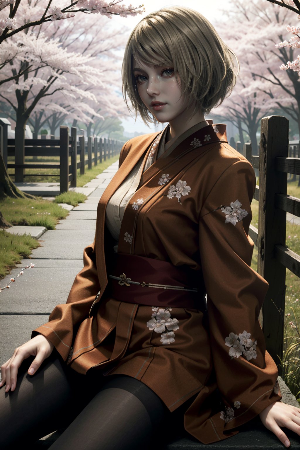 ((ultra detailed, masterpiece, best quality))
RE4Ashley, 1girl, solo, blonde hair, in a traditional kimono, surrounded by cherry blossoms, one hand on the thigh
