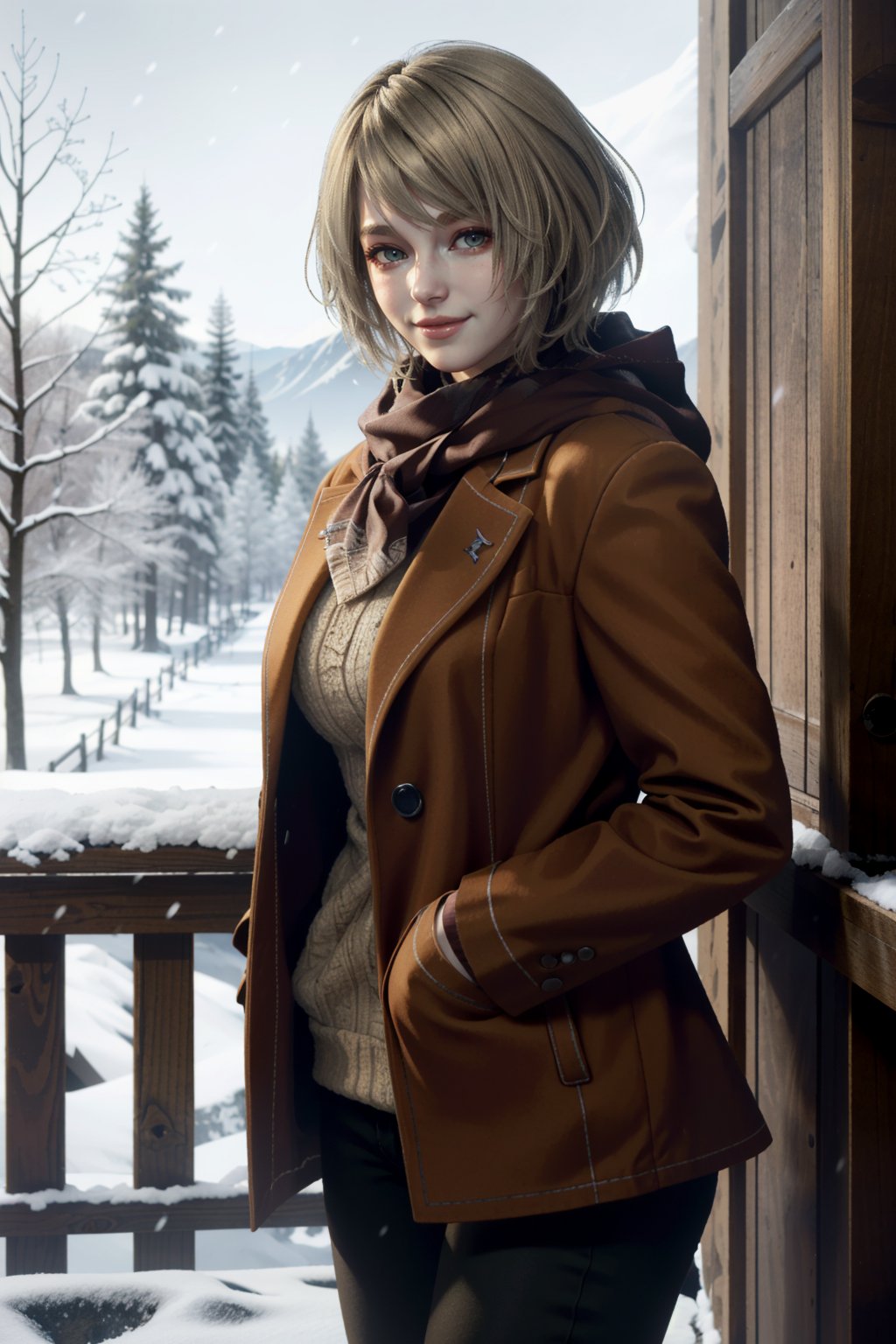 ((ultra detailed, masterpiece, best quality))
RE4Ashley, 1girl, solo, blonde hair, in a winter wonderland, cowboy shot, winter clothing, smile
