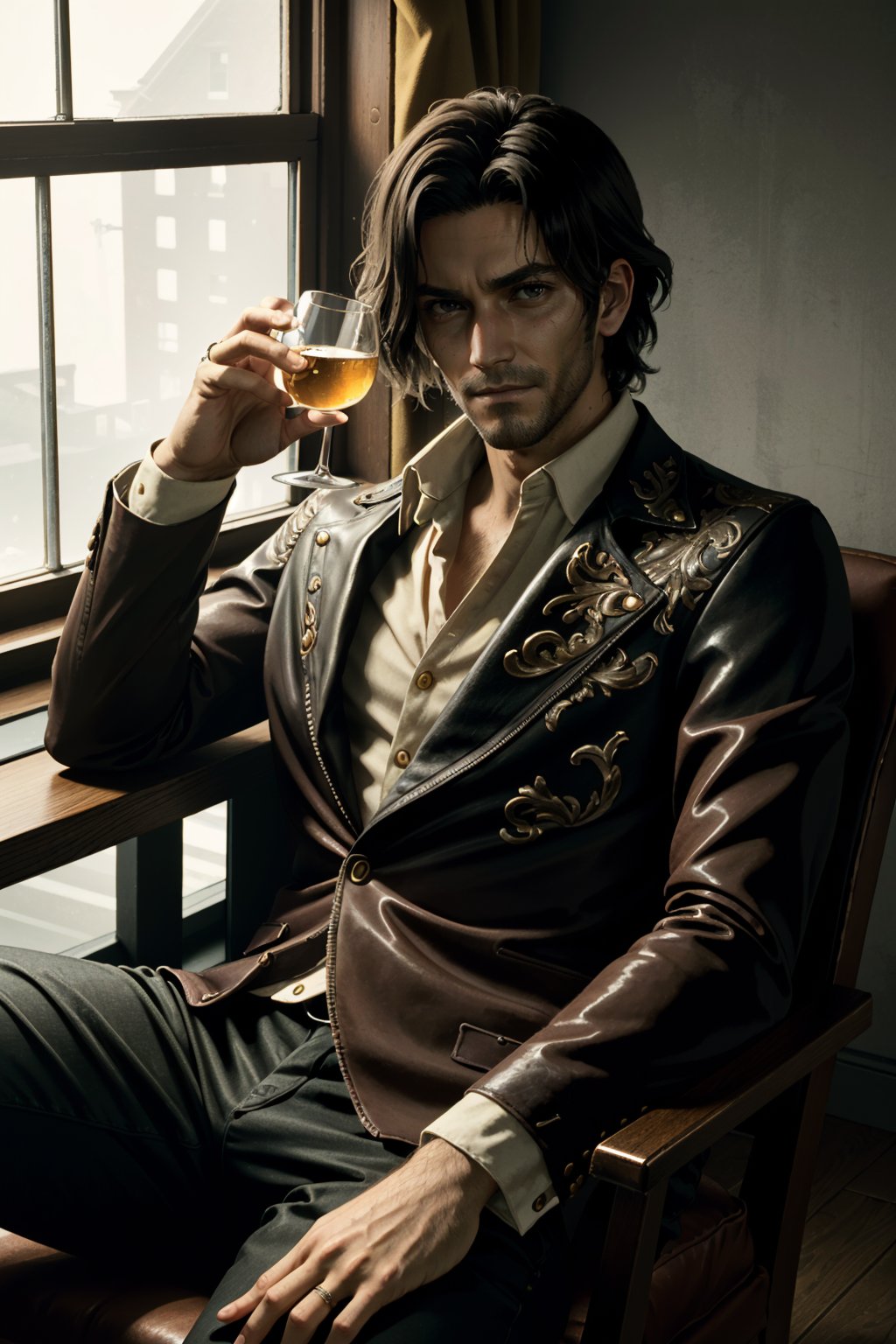 ((ultra detailed, masterpiece, best quality))
RE4Luis, 1boy, solo, brown hair, Inside a luxurious penthouse suite, sophisticated yakuza attire, reclining on a leather chair with a glass of whiskey, surrounded by opulence
