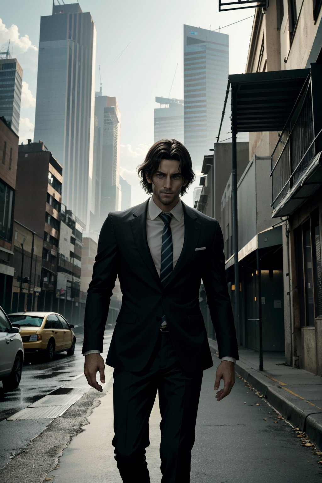 ((ultra detailed, masterpiece, best quality))
RE4Luis, 1boy, solo, brown hair, In a modern urban setting, tailored suit and tie, skyscrapers in the background, confidently walking with a cityscape behind
