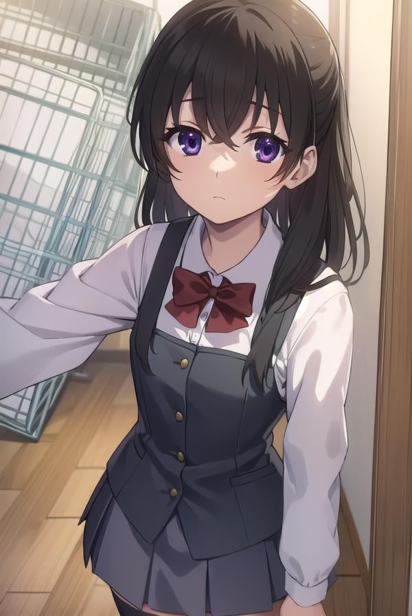 sekaisaionji, <lora:sekai saionji s1-lora-nochekaiser:1>,sekai saionji, black hair, (purple eyes:1.1), ahoge, medium hair,BREAK skirt, thighhighs, school uniform, shoes, black thighhighs, zettai ryouiki, bow, red bow,BREAK indoors, classroom,BREAK looking at viewer, (cowboy shot:1.5),BREAK <lyco:GoodHands-beta2:1>, (masterpiece:1.2), best quality, high resolution, unity 8k wallpaper, (illustration:0.8), (beautiful detailed eyes:1.6), extremely detailed face, perfect lighting, extremely detailed CG, (perfect hands, perfect anatomy),