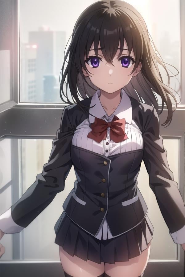 sekaisaionji, <lora:sekai saionji s1-lora-nochekaiser:1>,sekai saionji, black hair, (purple eyes:1.1), ahoge, medium hair,BREAK skirt, thighhighs, school uniform, shoes, black thighhighs, zettai ryouiki, bow, red bow,BREAK indoors, classroom,BREAK looking at viewer, (cowboy shot:1.5),BREAK <lyco:GoodHands-beta2:1>, (masterpiece:1.2), best quality, high resolution, unity 8k wallpaper, (illustration:0.8), (beautiful detailed eyes:1.6), extremely detailed face, perfect lighting, extremely detailed CG, (perfect hands, perfect anatomy),