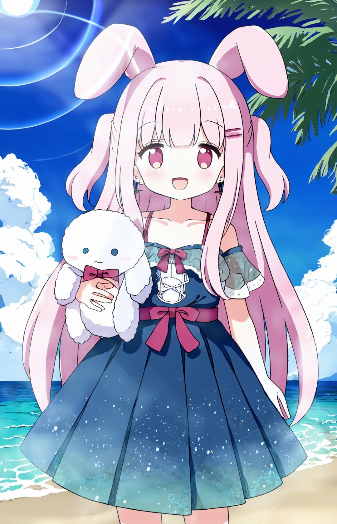 1girl, stuffed bunny, solo, smile, outdoors, dress, day, x hair ornament, stuffed animal, hair ornament, :d, stuffed toy, white dress, off-shoulder dress, animal ears, off shoulder, very long hair, ocean, blue sky, bangs, long hair, blush, hairclip, cloud, sky, red eyes, looking at viewer, collarbone, bare shoulders, two side up, earrings, rabbit ears, water, horizon, jewelry, bow, tree, holding, pink hair, frilled dress, object hug