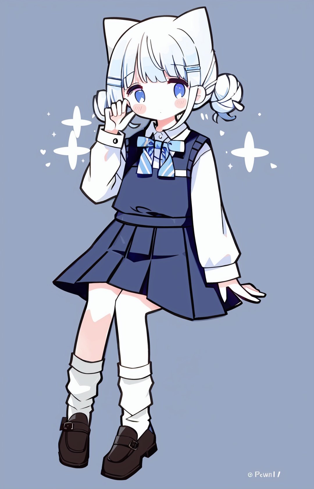 1girl, solo, shirt, loose socks, sweater vest, socks, collared shirt, skirt, white shirt, animal ears, black skirt, blue eyes, puffy long sleeves, white socks, hair ornament, black footwear, blue bow, hair bun, shoes, animal ear fluff, long sleeves, hairclip, blush, sleeves past wrists, puffy sleeves, bow, dress shirt, long hair, bangs, v, white hair, double bun, closed mouth, hand up, rabbit ears, pleated skirt, knees up, grey background, twintails, sparkle, twitter username, loafers, looking at viewer, sitting