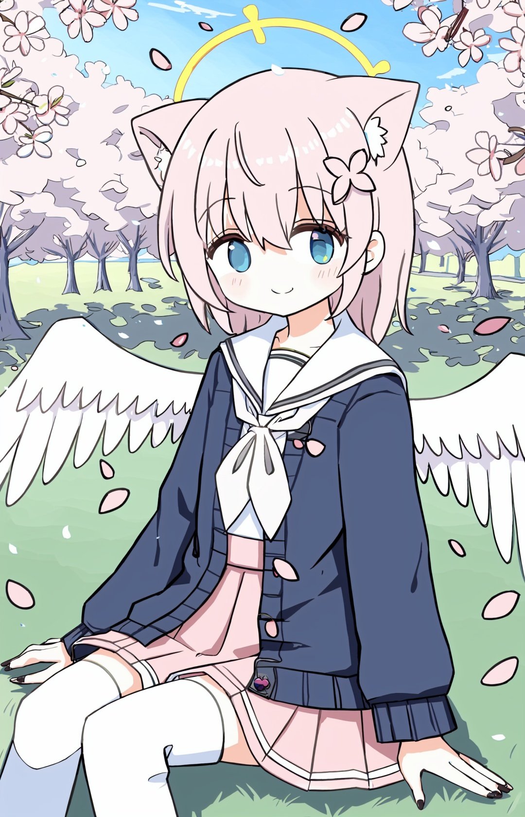 heterochromia, sailor collar, solo, skirt, wings, 1girl, thighhighs, shirt, smile, pink hair, open clothes, animal ears, blue eyes, closed mouth, halo, white shirt, pink flower, green eyes, flower, white wings, petals, black thighhighs, pleated skirt, feathered wings, hair flower, pink skirt, long sleeves, arm up, hair ornament, hair between eyes, blush, white sailor collar, cardigan, bangs, cherry blossoms, outdoors, blurry foreground, black nails, depth of field, school uniform, puffy long sleeves, neckerchief, serafuku, nail polish, open cardigan, sitting, looking at viewer, blurry