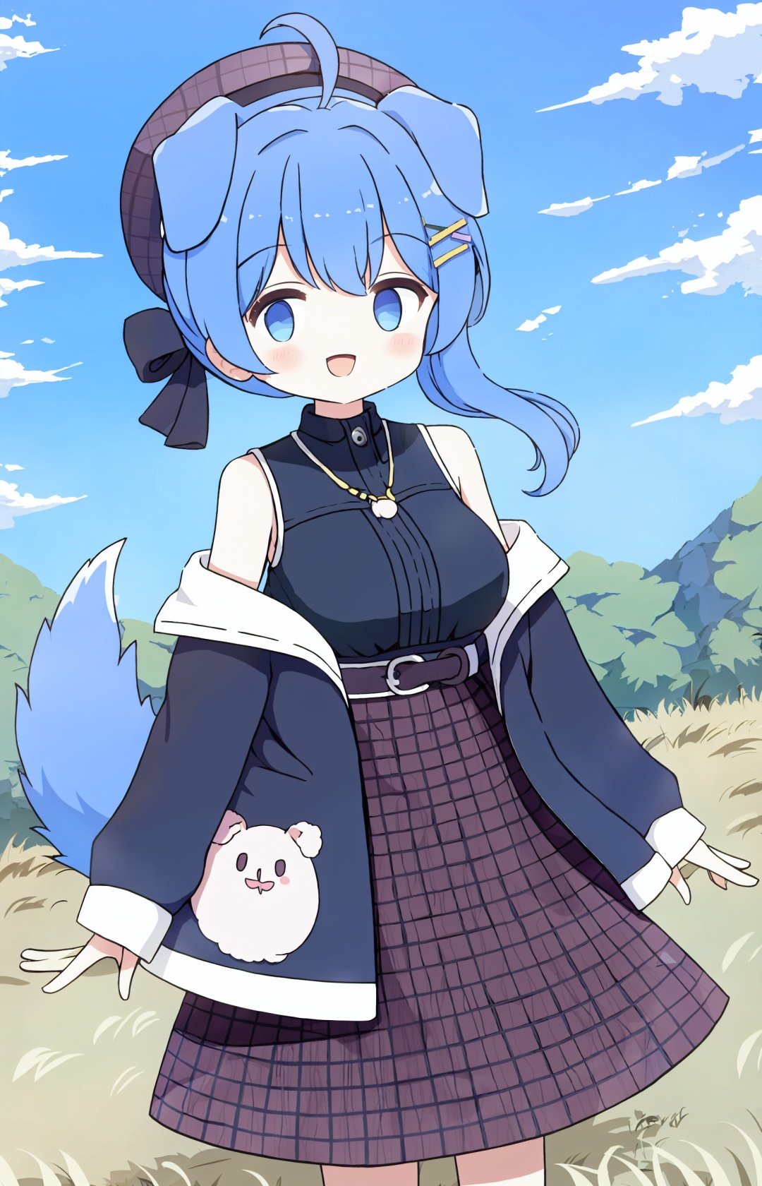 1girl, solo, animal ears, outdoors, blue hair, day, blue eyes, smile, sleeveless, tail, x hair ornament, hair ornament, skirt, :d, off shoulder, long sleeves, puffy long sleeves, sky, jacket, brown headwear, hat, shirt, brown skirt, black shirt, dog ears, plaid skirt, open jacket, beret, sleeveless shirt, long hair, plaid, open clothes, blue sky, bangs, bow, puffy sleeves, hair between eyes, looking at viewer, black jacket, ahoge, bare shoulders, hairclip, cloud, blush, dog tail, breasts