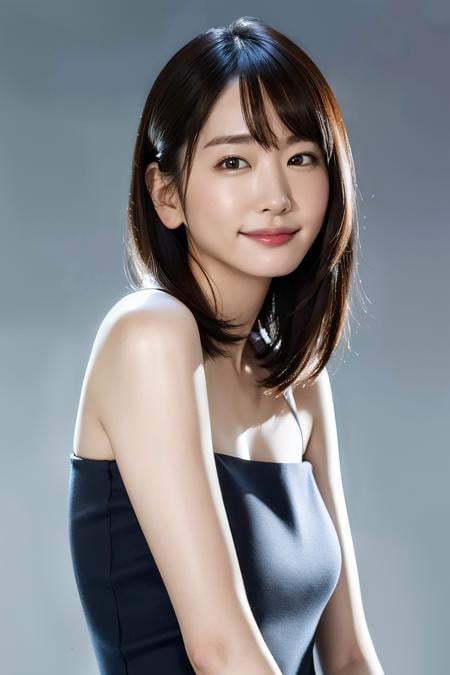 Best quality, masterpiece, ultra high res, (photorealistic:1.4), raw photo,1girl, solo, realistic, looking at viewer, portrait, simple background, bare shoulders, <lora:makina69_aragakiyui_v1.0:1>, (grin:0.7)