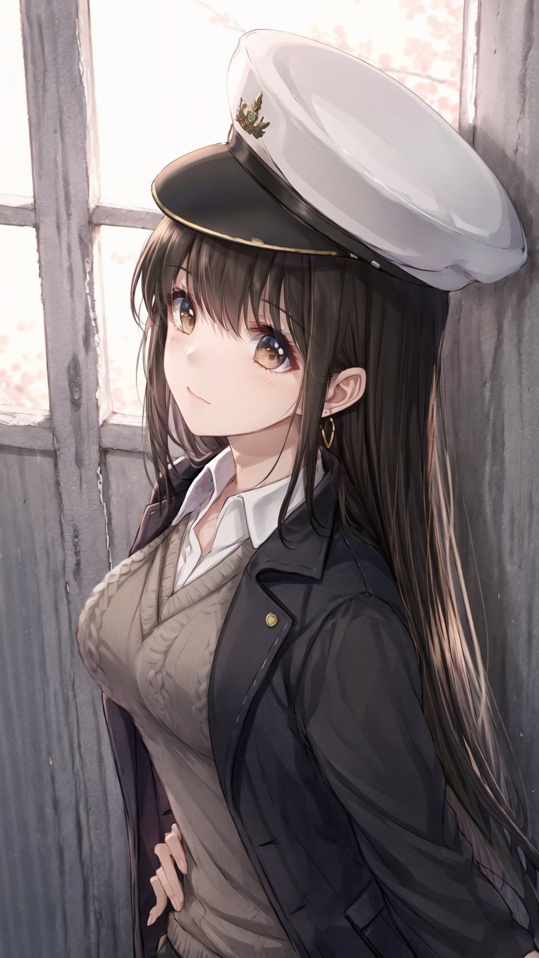 1mature girl,tender wifely,solo.beautiful detailed face,detailed eyes,brown eyes,long hair, bangs,medium breasts, collared shirt, sweater vest, jewelry, white shirt, earrings, long sleeves, brown shorts, open coat, black headwear, beret, black coat, red sweater, very long hair; looking at viewer, standing,cowboy shot., aki_rinco