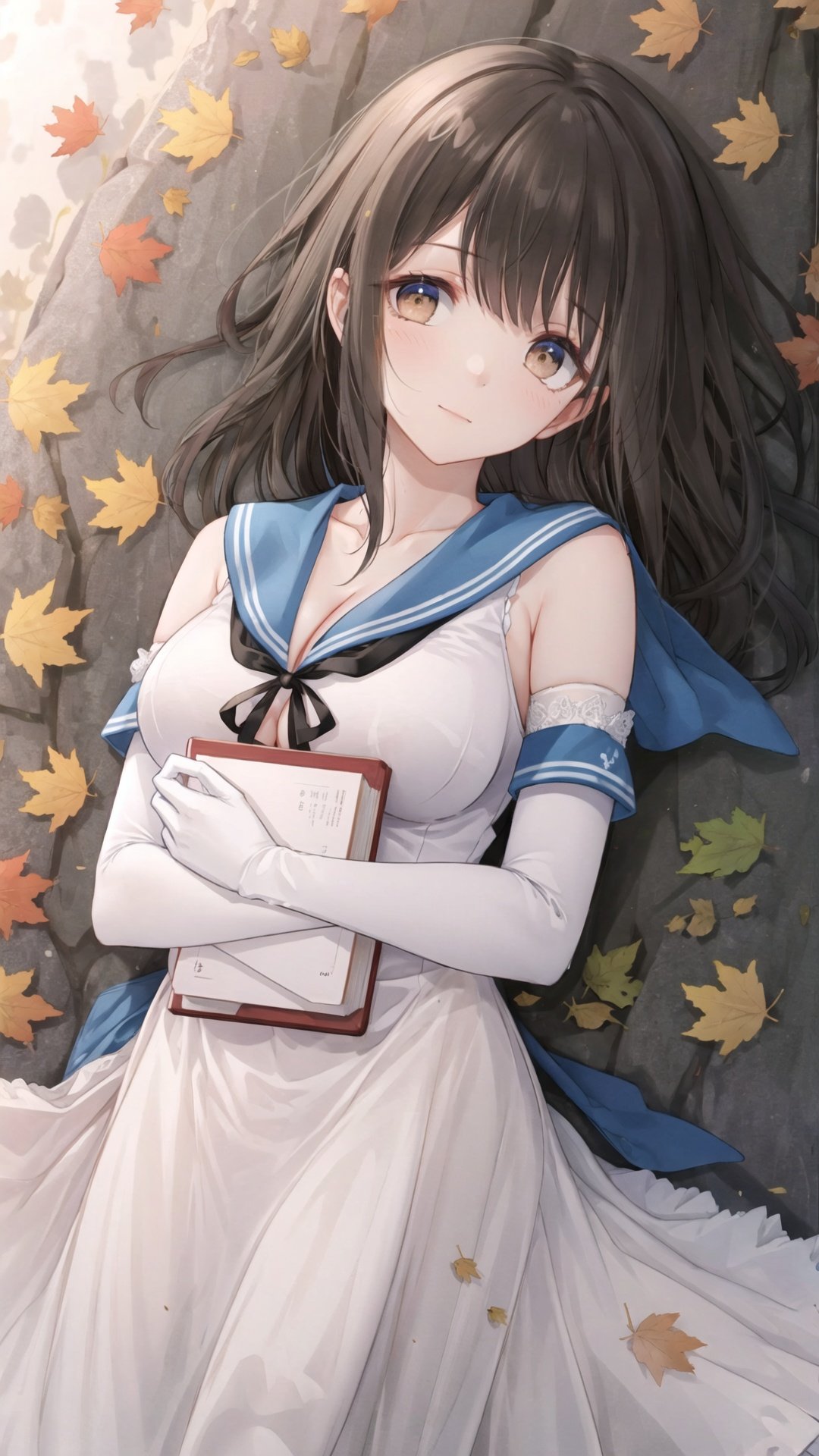 1girl, breasts, solo, dress, gloves, long hair, elbow gloves, brown hair, looking at viewer, sailor collar, white gloves, holding, cleavage, white dress, brown eyes, book, large breasts, blue sailor collar, autumn leaves, blush, lying, bangs, on back, leaf, sleeveless, holding book, sailor dress, sleeveless dress, maple leaf, ribbon, black ribbon,