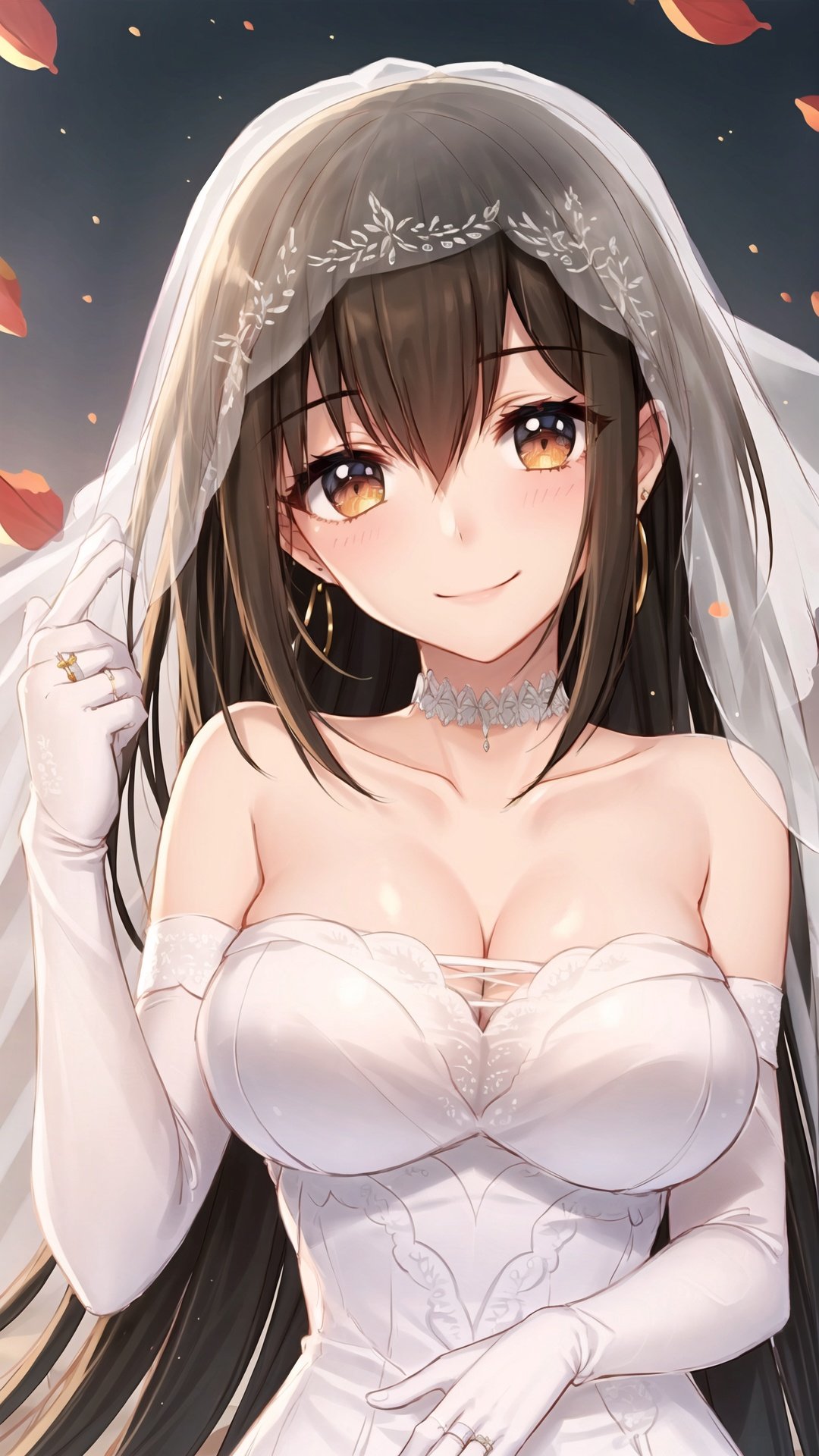  1girl, breasts, solo, long hair, dress, veil, jewelry, wedding dress, smile, gloves, ring, white gloves, bridal veil, elbow gloves, collarbone, wedding ring, brown hair, white dress, looking at viewer, bare shoulders, cleavage, brown eyes, hair between eyes, choker, blush, petals, upper body, bangs, medium breasts, earrings, hair ornament, white choker, head tilt, strapless dress, strapless, large breasts, hand up, very long hair,