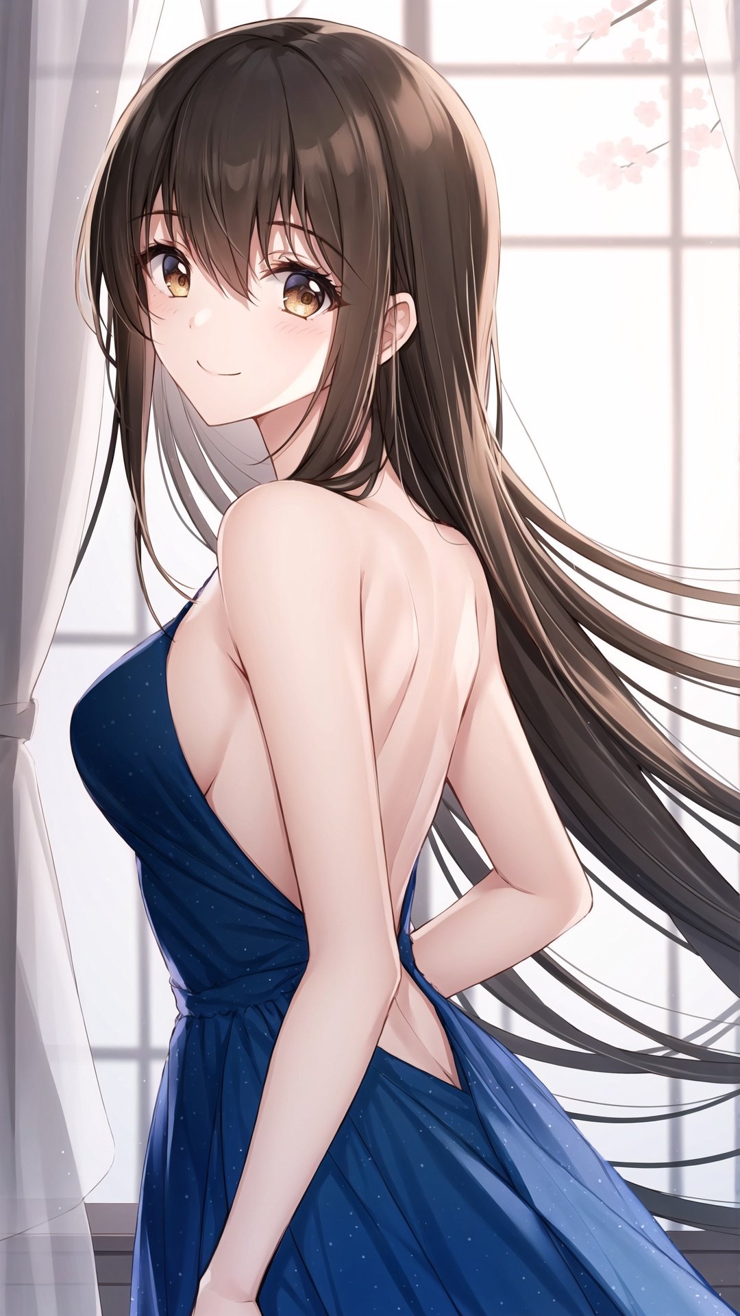 1girl, dress, solo, long hair, blue dress, brown hair, smile, looking at viewer, backless dress, breasts, backless outfit, brown eyes, bangs, hair between eyes, bare shoulders, medium breasts, closed mouth, bare arms, very long hair, sleeveless dress, sleeveless,