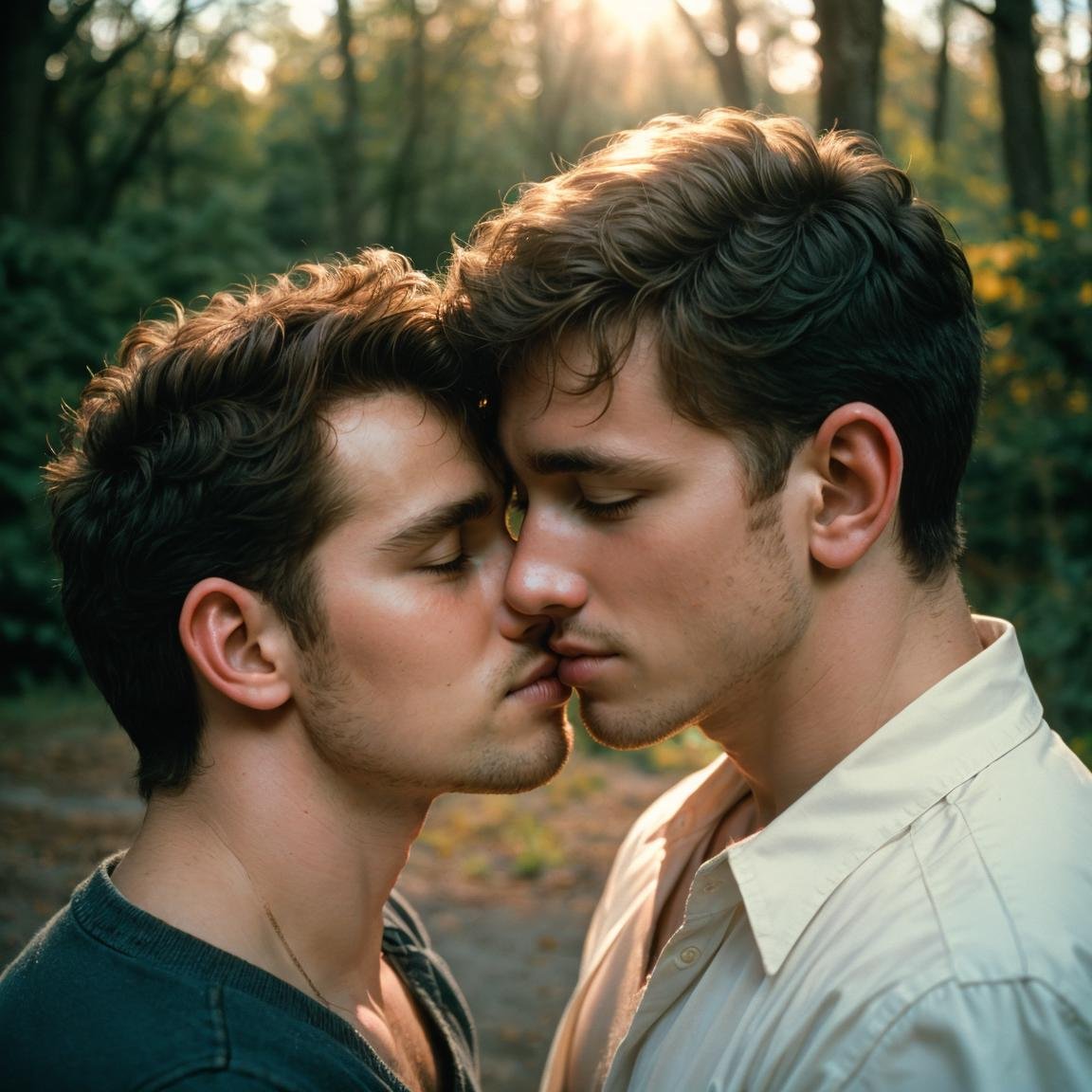 analog photograph of, two men kissing, (film grain, film photography, natural light), <lora:more_details:0.1>,