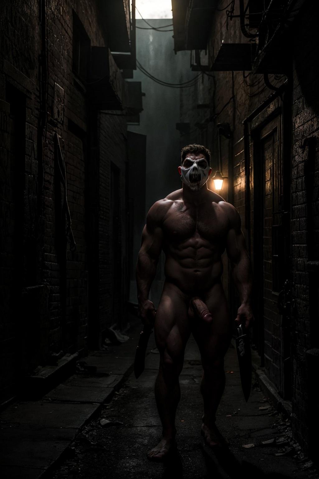 still from a horror movie of, a (chubby:0.4) muscular male, wearing a scream mask, holding machete, nude, large penis, (dramatic lighting), dark alley, gloomy,