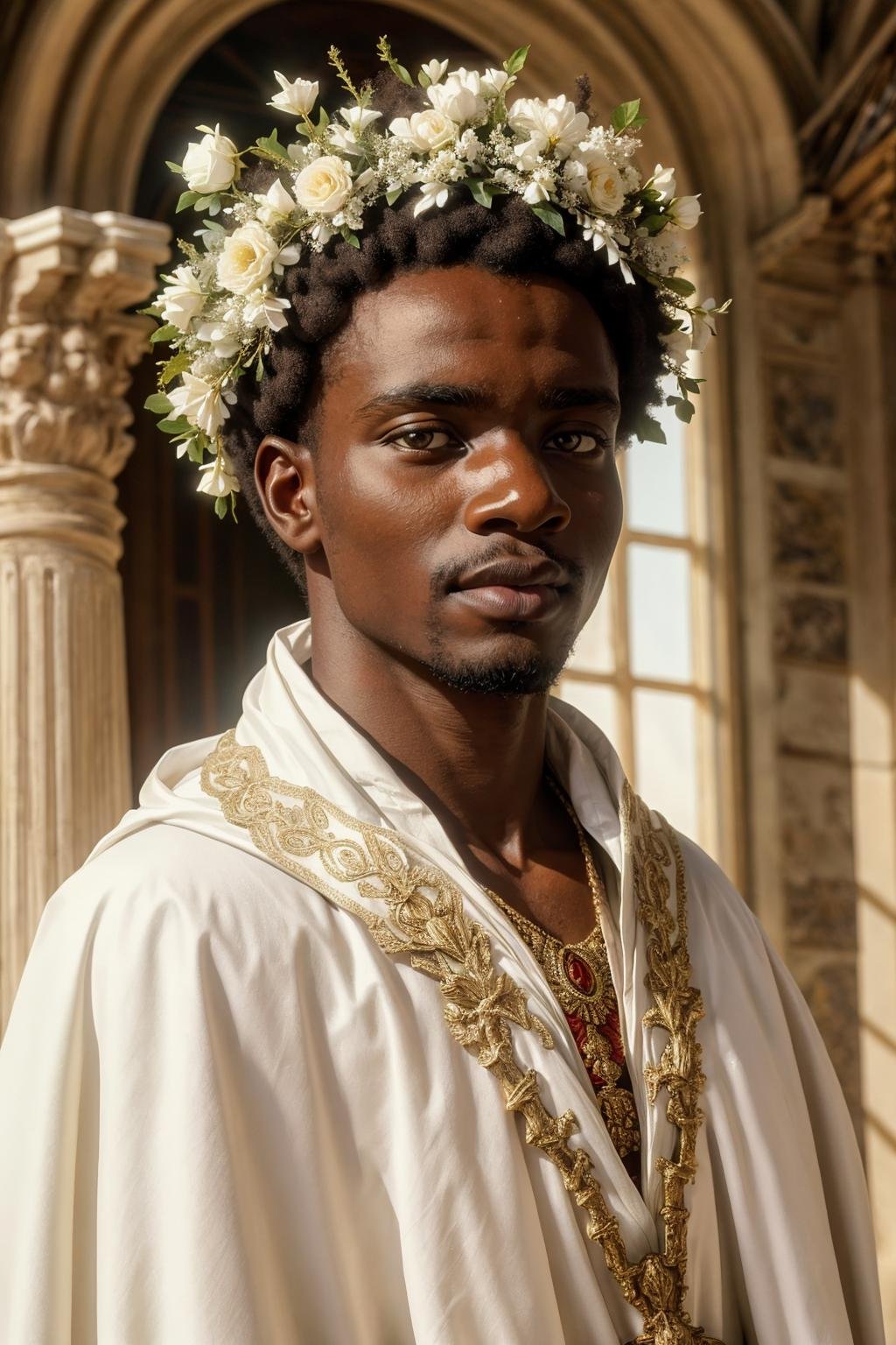 analog photograph of, a 30yo african male, wearing an extravagant white cape, white flower wreath, regal, in a palace with bright walls, (natural light, film grain, sharp focus), close-up,