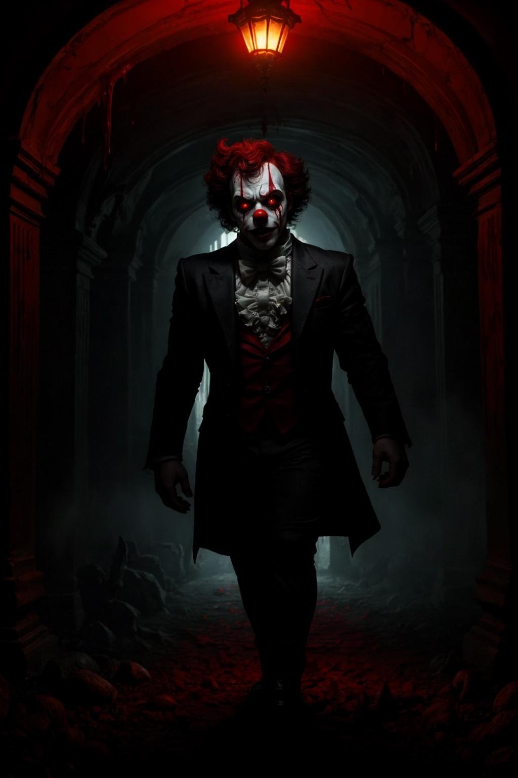 still from a horror movie of, a clown, walking toward viewer, blood dripping, haunted mansion, red eyes, (horror, sinister, suggestive, dramatic lighting),