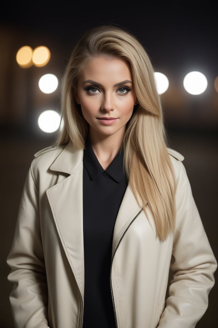 'p3x3ls style photo', a woman with blonde hair wearing a withe jacket, at night