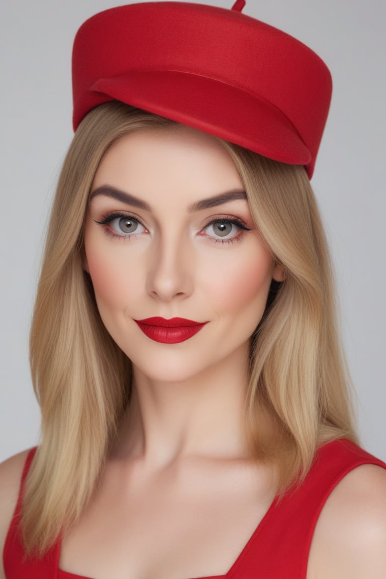 'p3x3ls style photo', a blonde woman with a red hat and red lipstick